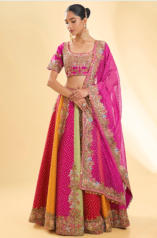 Multi-Colored Silk Hand & Machine Embroidered Lehenga Set