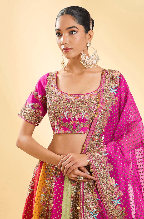 Multi-Colored Silk Hand & Machine Embroidered Lehenga Set - Image 4