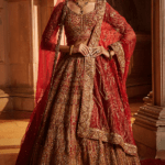 Deep Red Raw Silk Dabka Embroidered Bridal Lehenga Set