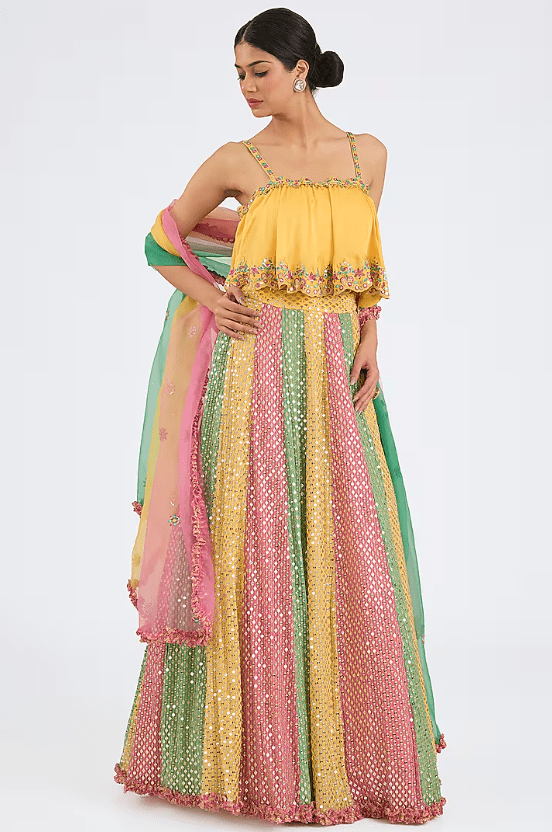 Multi-Colored Georgette Mirror Work Kalidar Lehenga Set