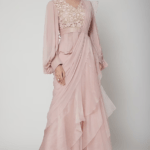 Blush Pink Embroidered Peplum Top With Ruffled Saree