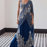 Moody Blue Taffeta Tussar Hand Embroidered Pre-Draped Saree Set
