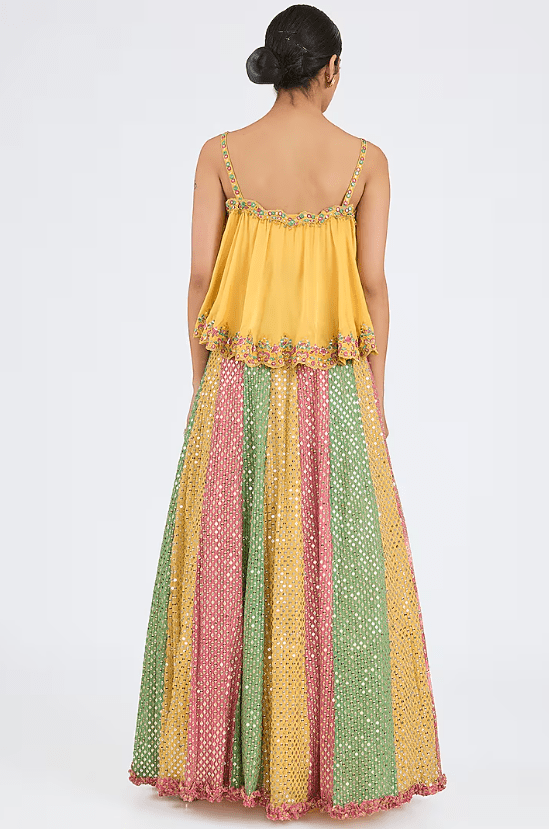 Multi-Colored Georgette Mirror Work Kalidar Lehenga Set - Image 2
