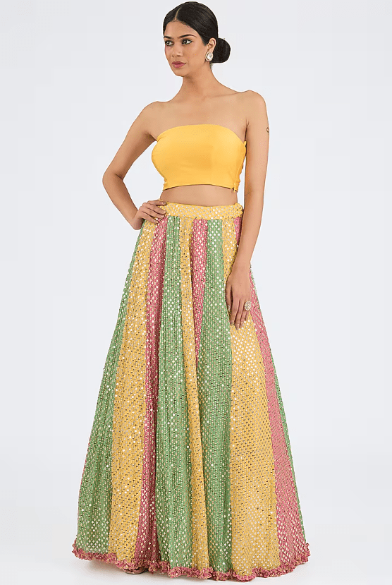 Multi-Colored Georgette Mirror Work Kalidar Lehenga Set - Image 3
