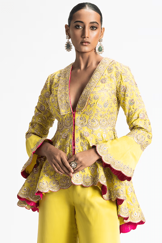 Mehendi Green Raw Silk Gota Peplum Jacket Set - Image 4