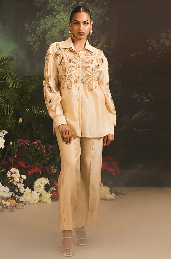 Beige Foil Denim Embellished Co-Ord Set