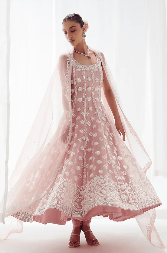Pink Net Pearl Embroidered Anarkali Set