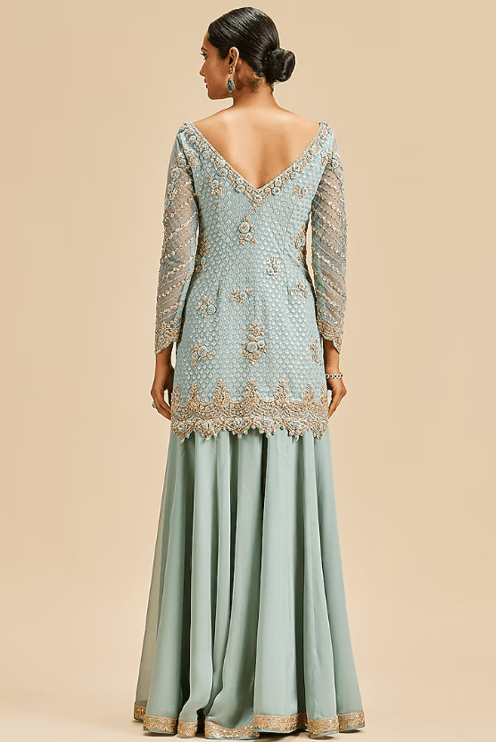 Dusty Blue Shimmer Georgette Sharara Set - Image 2