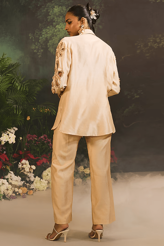 Beige Foil Denim Embellished Co-Ord Set - Image 2