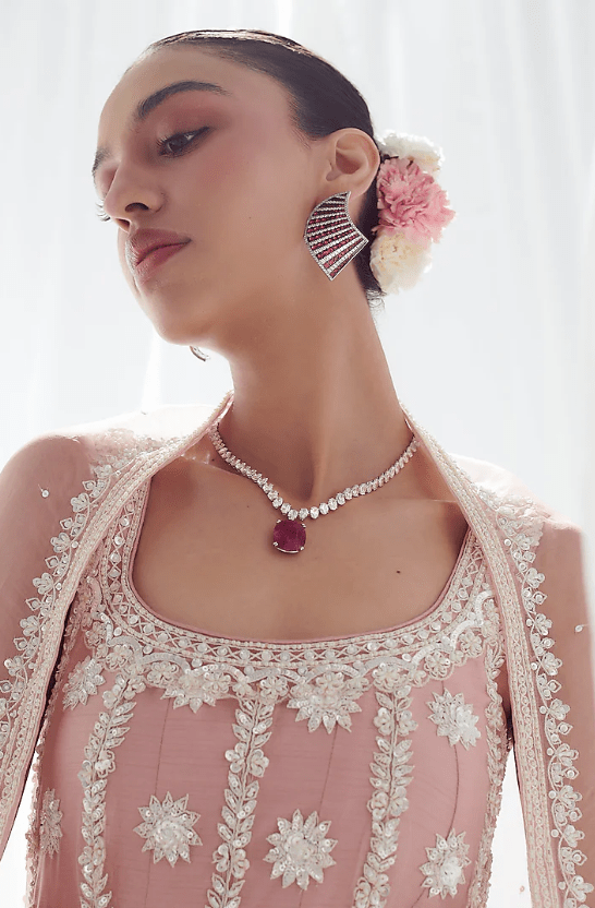 Pink Net Pearl Embroidered Anarkali Set - Image 3