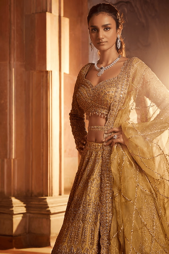 Gold Organza Embroidered Lehenga Set - Image 3