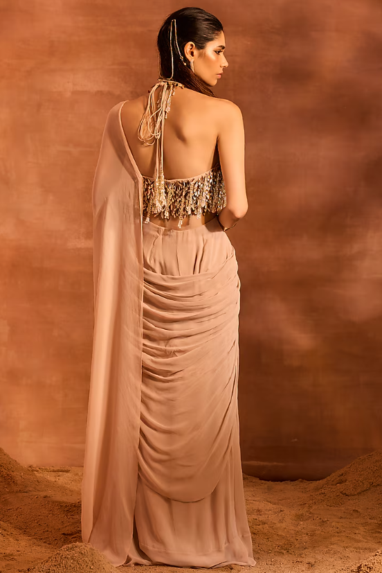Beige Georgette Ruffled Draped Saree Set - Image 2