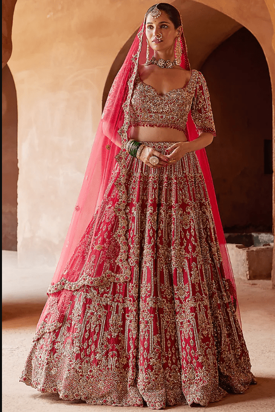 Blood Red Raw Silk Dabka Embroidered Lehenga Set