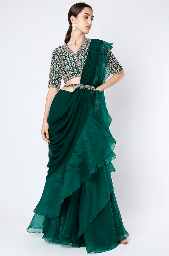 Emerald Green Ruffled Draped Saree Set