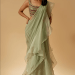 Mint Green Chiffon Organza Draped Saree Set
