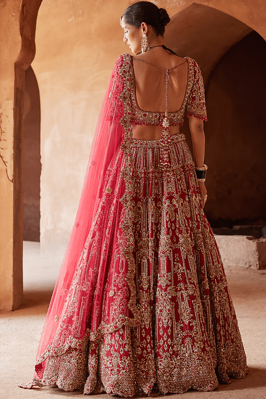 Blood Red Raw Silk Dabka Embroidered Lehenga Set - Image 2