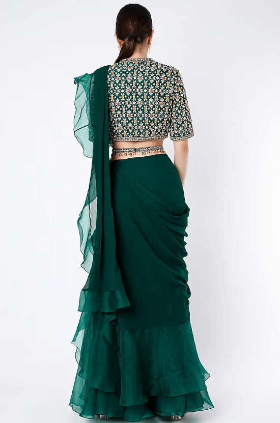 Emerald Green Ruffled Draped Saree Set - Image 2