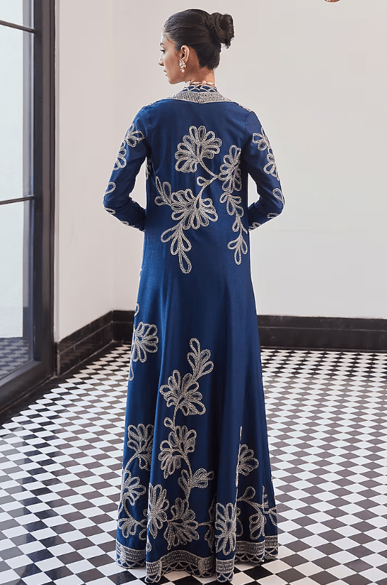 Moody Blue Viscose Organza Hand Embroidered Jacket Set - Image 2