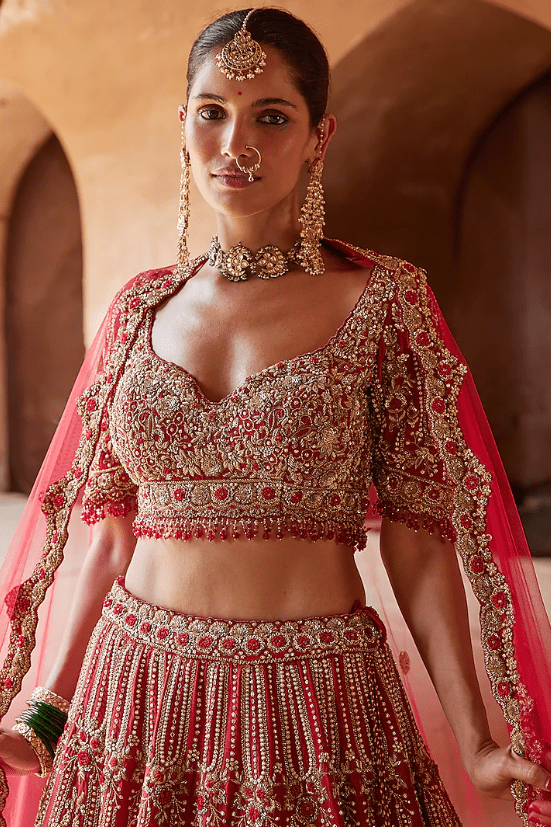 Blood Red Raw Silk Dabka Embroidered Lehenga Set - Image 3