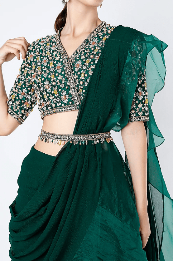 Emerald Green Ruffled Draped Saree Set - Image 3