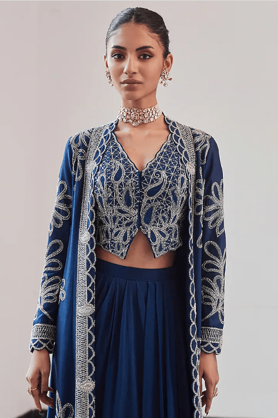 Moody Blue Viscose Organza Hand Embroidered Jacket Set - Image 3