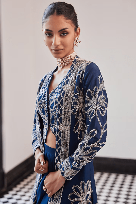 Moody Blue Viscose Organza Hand Embroidered Jacket Set - Image 4