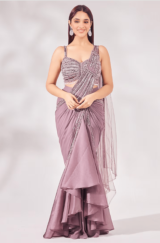 Lavender Net & Satin Organza Pre-Stitched Saree Set