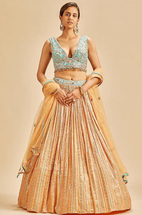 Orange Chinnon Resham Embroidered Lehenga Set