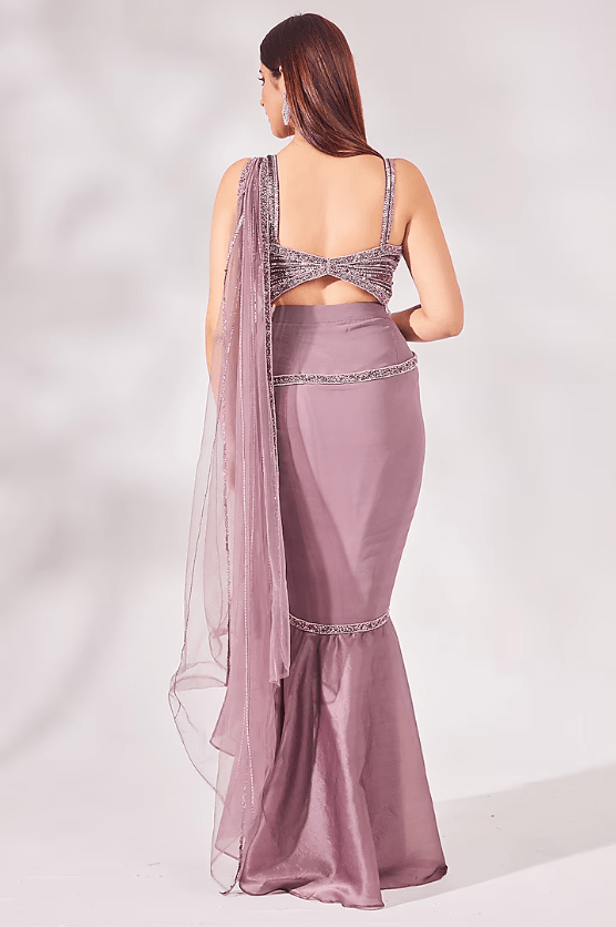Lavender Net & Satin Organza Pre-Stitched Saree Set - Image 2