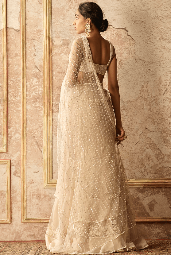 Dirty Ivory Embroidered Draped Saree Set - Image 2