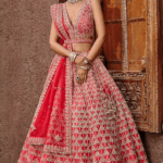 Coral Raw Silk Gota Embroidered Lehenga Set