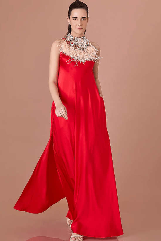 Red Satin Sequins Hand Embroidered Gown