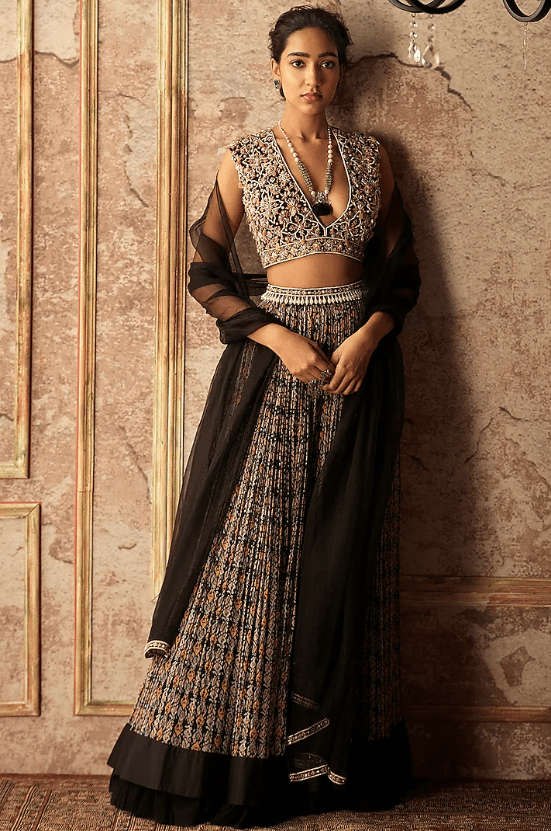 Black Embroidered & Printed Skirt Set