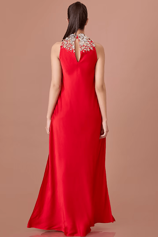 Red Satin Sequins Hand Embroidered Gown - Image 2