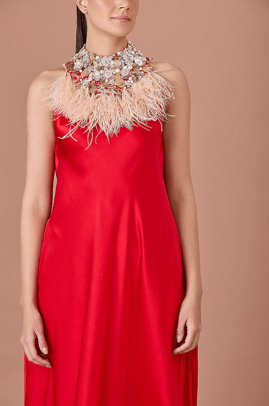 Red Satin Sequins Hand Embroidered Gown - Image 3