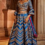 Peacock Blue Taffeta Gota Embroidered Lehenga Set