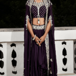 Plum Georgette Organza Embroidered Cape Set