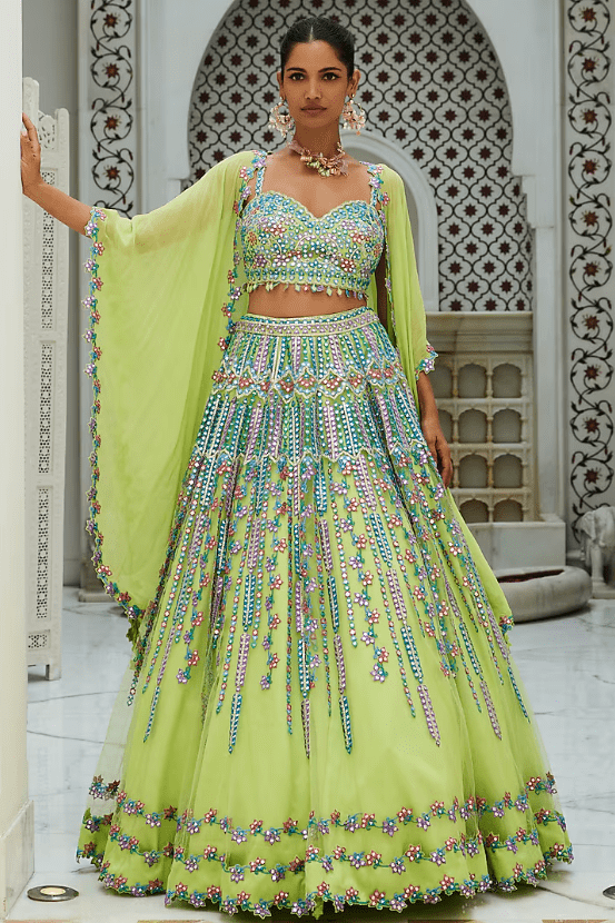 Lime Green Net Resham Embroidered Jacket Lehenga Set
