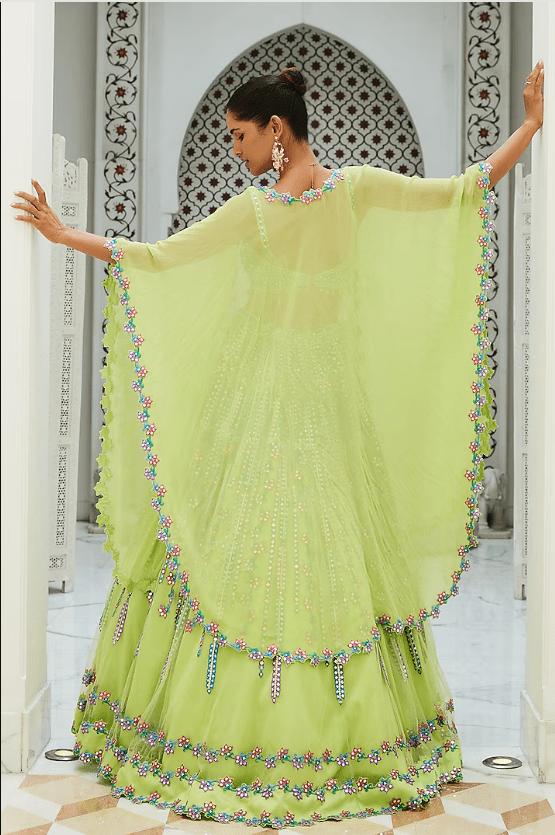 Lime Green Net Resham Embroidered Jacket Lehenga Set - Image 2