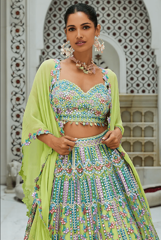 Lime Green Net Resham Embroidered Jacket Lehenga Set - Image 3