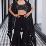 Black Taffeta Tasser Viscose Organza Floral Hand Embroidered Cape Set