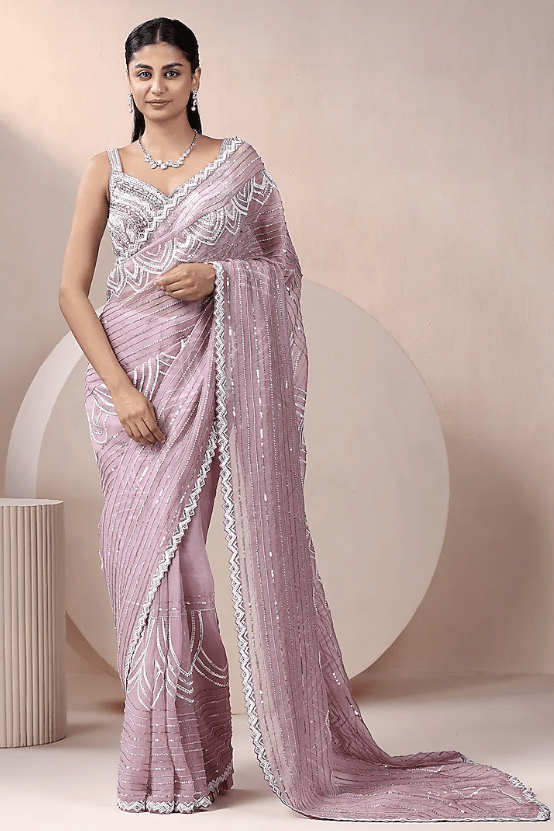 Lavender Pure Organza Embellished Saree Set