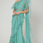 Teal Chiffon & Organza Ruffled Saree Set