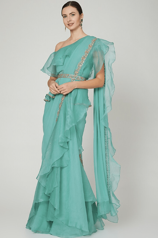 Teal Chiffon & Organza Ruffled Saree Set