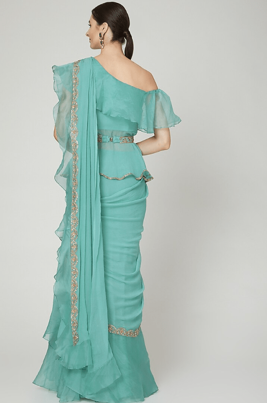Teal Chiffon & Organza Ruffled Saree Set - Image 2