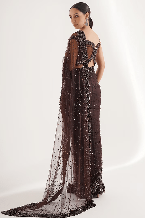 Hazel Net Sequins Hand Embroidered Saree Set - Image 2