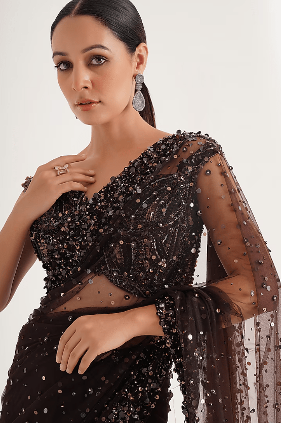 Hazel Net Sequins Hand Embroidered Saree Set - Image 3