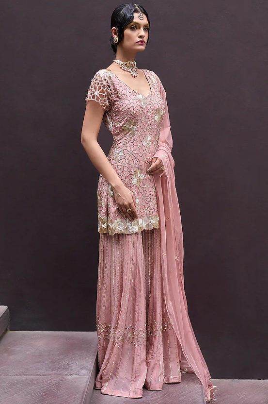 English Rose Pink Organza Sharara Set