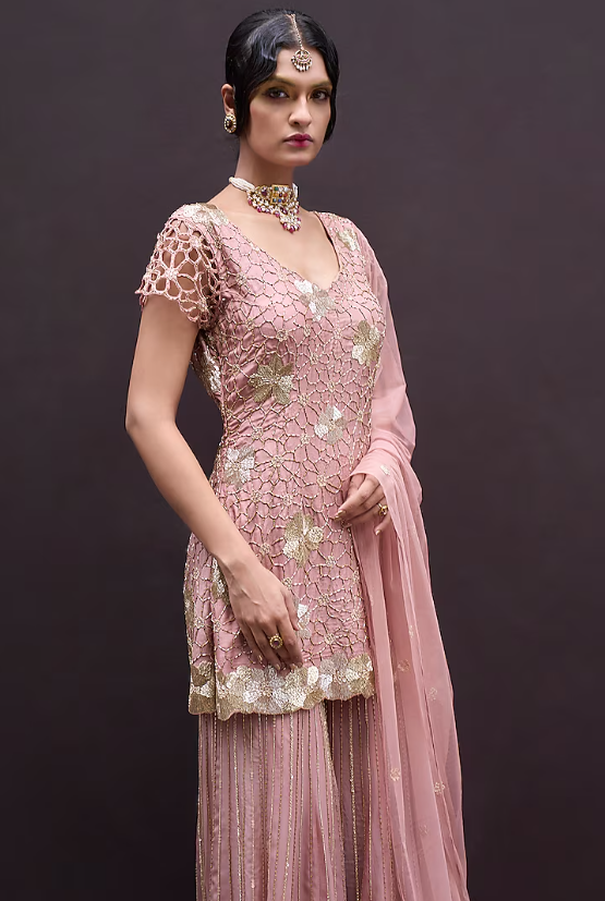 English Rose Pink Organza Sharara Set - Image 3