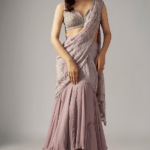 Lavender Chiffon Hand Embroidered Saree Set